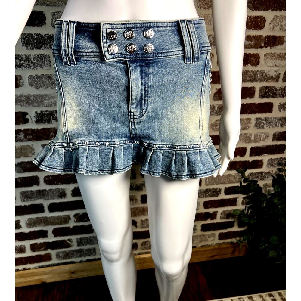 Outcast Tianna Stretchy Mini Denim Skirt Ruffled Hemline Y2K Aesthetic Womens S